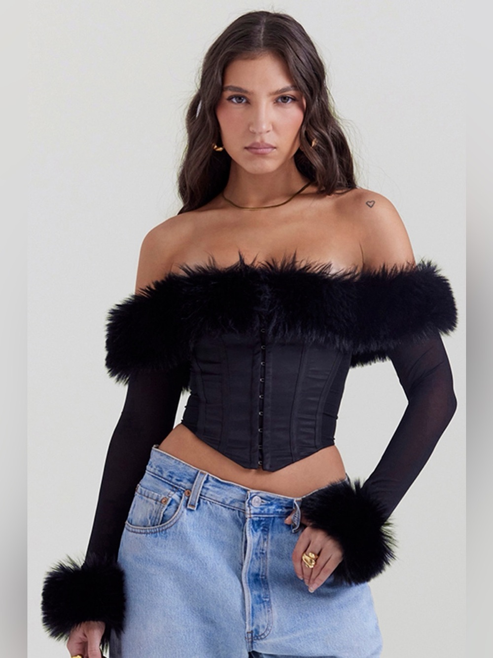 House Of CB Merle Faux Fur Trim Corset Top
